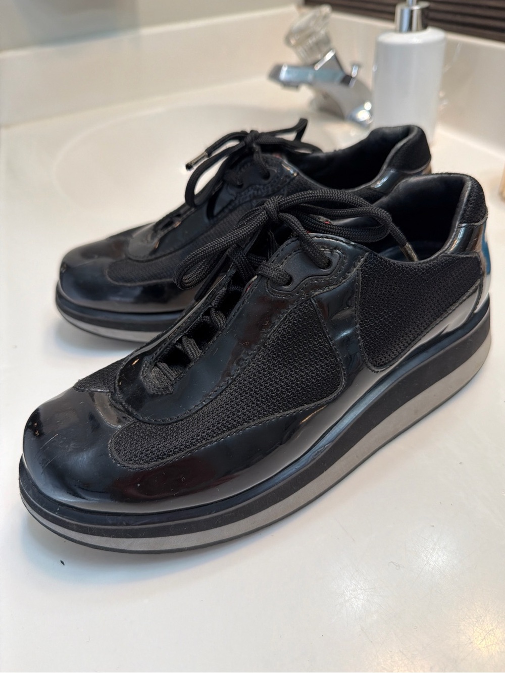 Prada America’s Cup Platform Patent Leather Black Sneakers Vintage Women’s 37